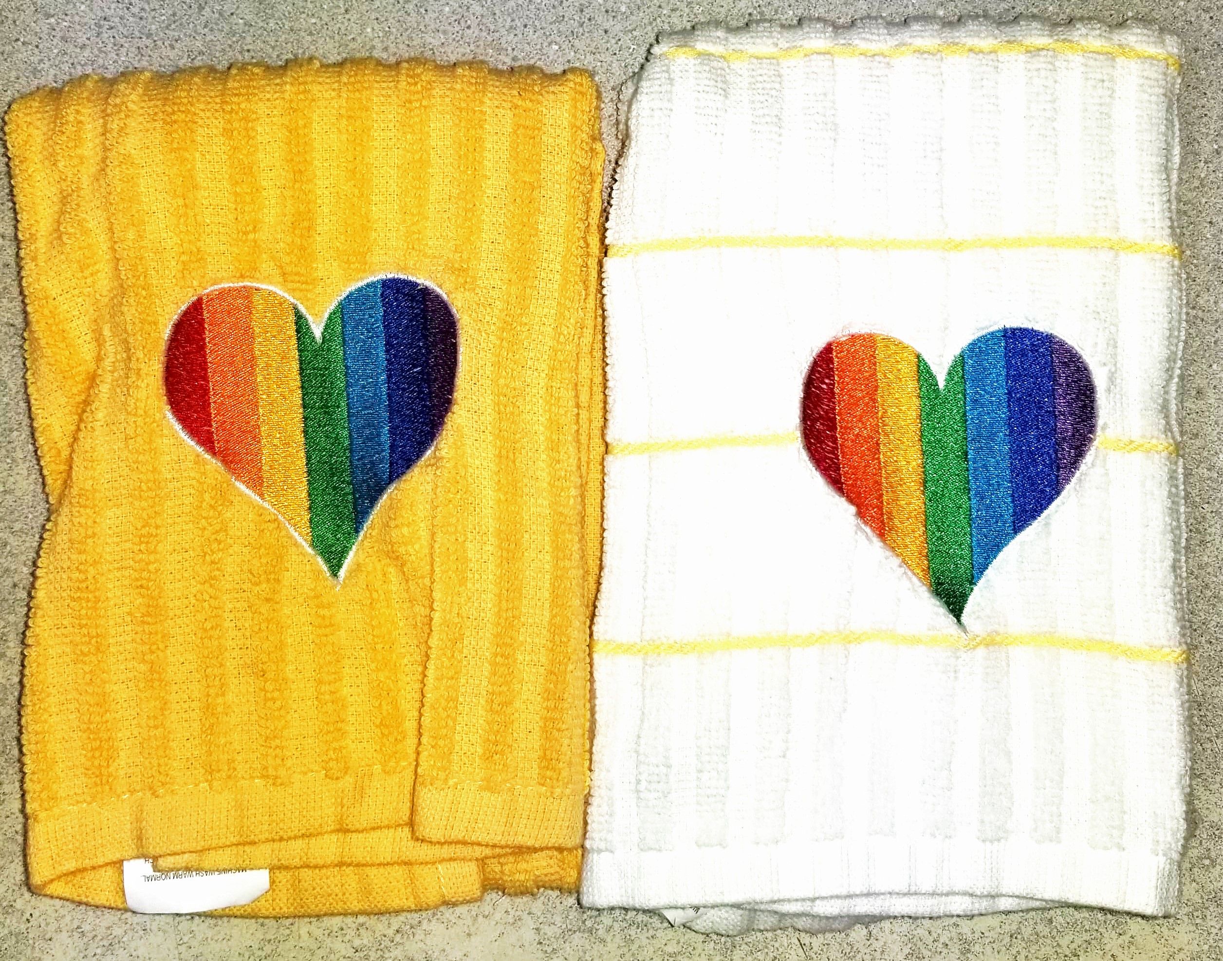rainbow heart towels yellow